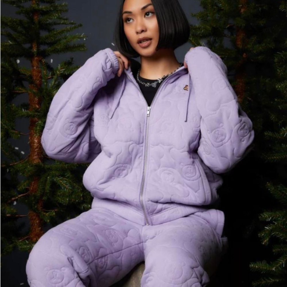 TEDDY FRESH Purple Cozy Quilted Teddy Bear Embroidered Sweatpants